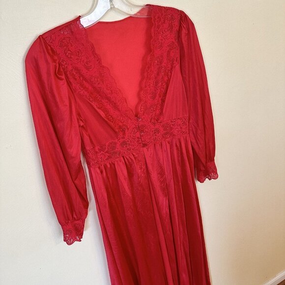 Vtg Womens Robe Long Red Poly Lace Lingerie Medium Gothic Fairy 80s - Picture 5 of 9